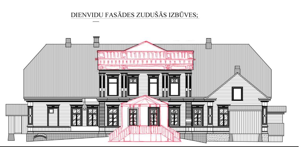 Attēlā redzams Ālaves muižas kungu mājas fasādes rasējums. Augšpusē rakstīts "Dienvidu fasādes zudušās izbūves", kas pašā rasējumā iezīmētas sarkanā krāsā.